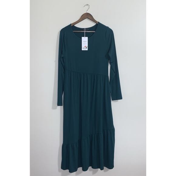 HAEOF Long Sleeve Green Stretchy Midi Women Asymmetrical A Line Dress Size M - Picture 1 of 11
